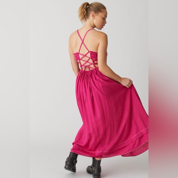 Urban Outfitters Cora Linen Open Back Midi Dress Pink Rose NEW Medium - Picture 4 of 5